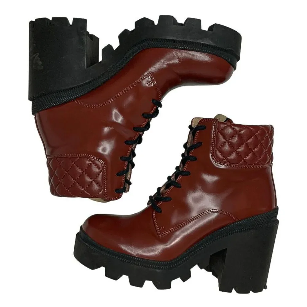 Gucci Magnum Garnet Red Patent Leather Lug Sole Lace Up Boots 37.5 Block Heel - Picture 7 of 12